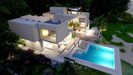 Wall Mural - Aerial view of a Sustainable luxury villa at dusk