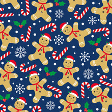 Christmas Seamless Pattern With Ginger Bread Man And Candy Cane Pattern