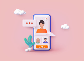 People on phone screen taking with colleague. Videoconferencing and online meeting workspace. 3D Web Vector Illustrations.