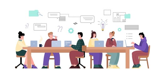 Young people work at a computer in the office, freelance, participate in a hackathon, vector flat illustration on white background