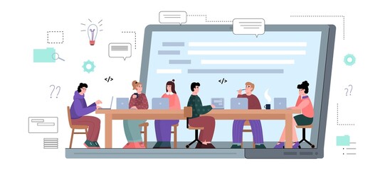 Young people participate in hackathon, vector flat illustration on white background.