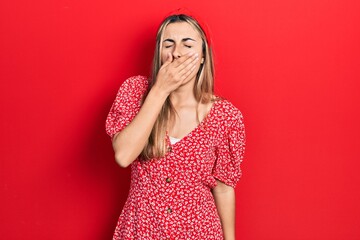 Sticker - Beautiful hispanic woman wearing summer dress bored yawning tired covering mouth with hand. restless and sleepiness.