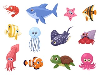 Wall Mural - Sea life. Swimming ocean animal, stingray and shark. Cute cartoon octopus and turtle, funny aquarium fish. Marine garish vector characters set
