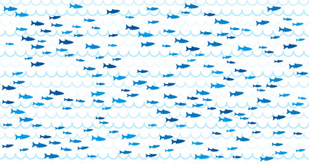 Wall Mural - Blue school of fish swimming seamless pattern vector print.
