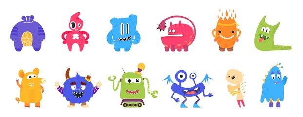 Wall Mural - Cartoon kids monster. Fun creatures, monsters toys for children. Silly characters, funny crazy isolated aliens. Scary comic decent friends smile, vector elements