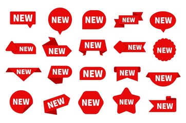 Wall Mural - New arrival. Arrived red label, isolated fresh product or sale start tags. Order, announcement stickers. Discount business, ad exact vector bages set