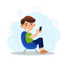 Wall Mural - Man sitting on chair with a smartphone using social media applications. Vector illustration for web, mobile applications and print