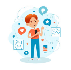 Wall Mural - Man with a smartphone using social media applications. Vector illustration for web, mobile applications and print