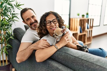 Sticker - Middle age hispanic couple smiling happy sitting on the sofa with dogs at home.