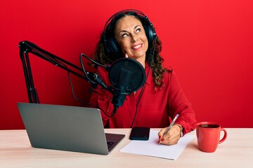 Poster - Beautiful middle age woman working at radio studio serious face thinking about question with hand on chin, thoughtful about confusing idea