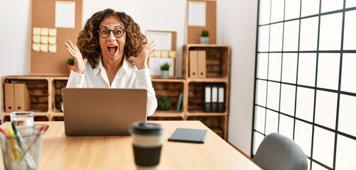 Poster - Middle age hispanic woman working at the office wearing glasses celebrating crazy and amazed for success with arms raised and open eyes screaming excited. winner concept