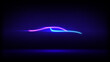© valerybrozhinsky - Neon glowing car silhouette. Neon sign brick wall branding. Modern led car silhouette in side view on dark wall background. Studio interior. Blue pink banner, logo, advertising design