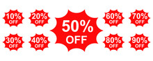 Red Sale Tag With Discount. Set Of Discount Sale Badge From 10 To 90 Percent. Stickers  Special Offer Tag For Product.