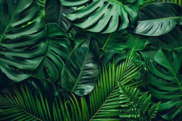Wall Mural - closeup nature view of green leaf and palms background. Flat lay, dark nature concept, tropical leaf