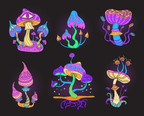 Wall Mural - Psychedelic mushrooms. Magical mushroom psycadelic hippie trip, magic forest fungi fantasy hallucinogen potion, colorful botanical psilocybin crazy mystical mushroo neat art vector