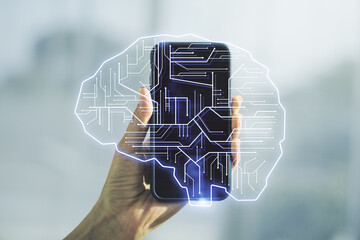 Wall Mural - double exposure of creative human brain microcircuit and hand with cellphone on background. future t