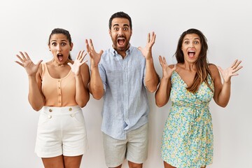 Sticker - Group of young hispanic people standing over isolated background celebrating victory with happy smile and winner expression with raised hands