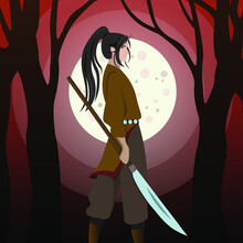 Sakha Botur In Anime Style. Male With Long Hair. Man With Batas. Yakut Warrior Vector Illustration. Turkic Soldier. Asian Warrior In Moonlight. Sakha Man With Traditional Weapon. Lonely Warrior.