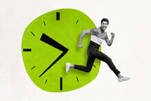 Creative Picture Of Sportive Energetic Person Black White Filter Run Hurry Isolated On Drawing Clock Background