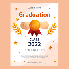 Graduation  poster invitation with diploma script and golden medal, stars and branches. Vector layout template. Degree ceremony invite. Student flyer design.