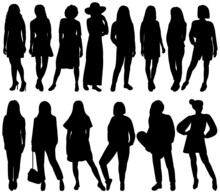 Girls, Women Silhouette, On White Background, Isolated, Vector