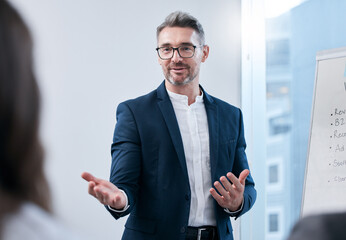 Aufkleber - The idea you just mentioned sounds brilliant. Shot of a mature businessman giving a presentation to his colleagues in an office.