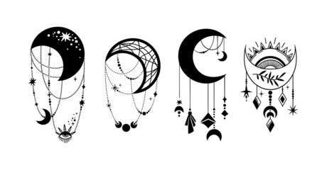 Wall Mural - mystical boho crescent moon isolated clip art bundle, celestial crystal moon collection, magic space