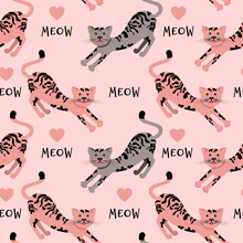 Vector Seamless Pattern With Cute Cats. Modern Background With Funny Kittens, Dragonflies, Fish, Flowers And Hearts. Repeating Template With Animal Tracks. Wallpaper With Pets For Children's Textiles.
