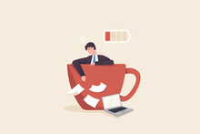 Coffee Break,  Relieve stress from drinking coffee. A businessman or employee sleeps in a large coffee cup.