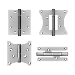 Poster - Realistic Detailed 3d Different Shapes Steel Door Hinges Set. Vector illustration of Metallic Mortise Equipment Hinge