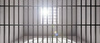 Prison cell with window, jail steel bars and concrete walls, empty dungeon interior. 3d render