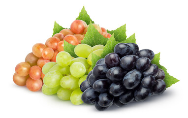 Wall Mural - Isolated grapes. Dark blue, green (yellow), red grapes with leaves isolated on white background with clipping path