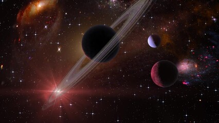 Wall Mural - Space flight slowly moving through universe among planets galaxies stars and nebulae