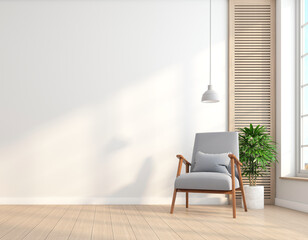 Wall Mural - Empty room in minimalist style with armchair and white wall. wooden floor and indoor green plant. 3d rendering