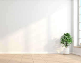 Wall Mural - Minimalist empty room with white wall and wooden floor and indoor green plants. 3d rendering