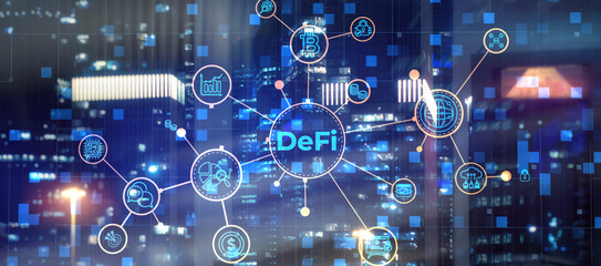 DeFi Decentralized Finance. Technology blockchain cryptocurrency concept