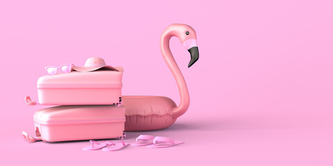 Summer vacation concept with suitcase, flamingo float, flip flops and sunglasses. Copy space. 3D illustration.