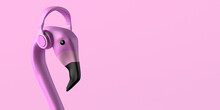 Summer Entertainment Concept With Flamingo And Headphones Listening To Music. Copy Space. 3D Illustration.