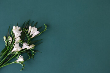 Bouquet of white exotic flowers on a dark blue background.