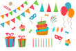 Birthday party decorations. Gifts, sweet cupcakes and birthday cake. Colorful balloons, holiday food and candy. Set of icons isolated vector illustrations