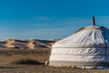 Mongolian Ger Or Yurt At The Great Sand Dunes Of The Gobi Desert