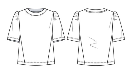 Wall Mural - Women crew neck T-shirt fashion flat template. Girl short sleeves T-shirt fashion technical drawing template, front and back view, white.