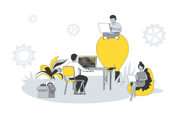 Wall Mural - Coworking office concept in flat line design. People working on laptops and computers, communicate, generate ideas and brainstorming in open space. Vector illustration with outline scene for web