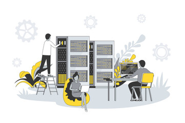 Fototapete - Data center concept in flat line design. People work in technical support in server room racks, maintain hardware, administer and monitor processes. Vector illustration with outline scene for web
