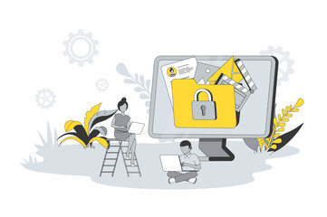 Fototapete - Data protection concept in flat line design. People store files and information using secure connection and passwords access, personal internet security. Vector illustration with outline scene for web