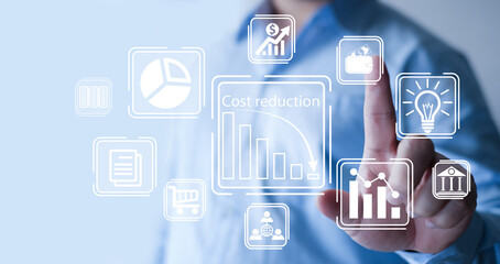 Cost reduction Concept. Businessman with his hand lowers the arrow of the graph. Cost text with a down arrow. budget, Cost Management..