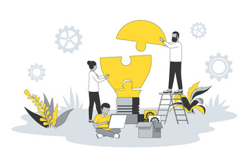 Wall Mural - Teamwork and brainstorming concept in flat line design. People generating new ideas, brainstorming, developing, collaborating and working together. Vector illustration with outline scene for web