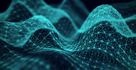 Fototapete - Low poly shape with connecting dots and lines on dark purple background. Abstract polygonal space, dark background with connecting dots and lines. 3d rendering. Big data visualization.