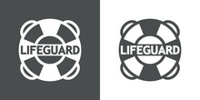 Logotipo Salvamento. Icono Plano Silueta De Anillo Salvavidas Con Texto Lifeguard En Fondo Gris Y Fondo Blanco