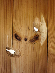 Two bullet through holes in a wooden fence close-up